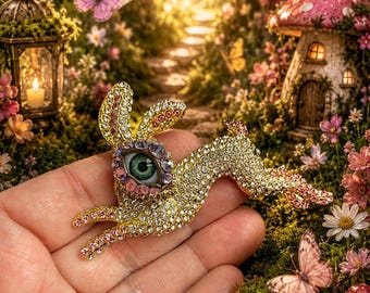 Happy Spring Bunny Rabbit Bejeweled Eye Art Brooch! Whimsical Jewelry Pin!