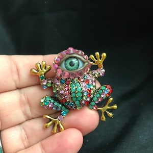 Quirky and Whimsical Little Bejeweled Frog Eyeball Art Brooch - Eye Jewelry - with a Natural Green Eye and Hand Placed Rhinestones!