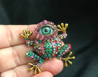 Quirky and Whimsical Little Bejeweled Frog Eyeball Art Brooch - Eye Jewelry - with a Natural Green Eye and Hand Placed Rhinestones!