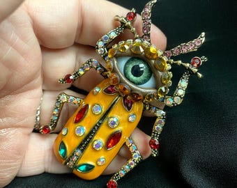 Spilla gigante a forma di scarabeo smaltato, spilla artistica a forma di bulbo oculare con strass (3"x2")