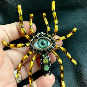 Giant Hand Painted and Bejeweled Spider Eyeball Art Brooch with a Natural Green Eye and Hand Placed Rhinestones! Surreal Eye Jewelry Pin!