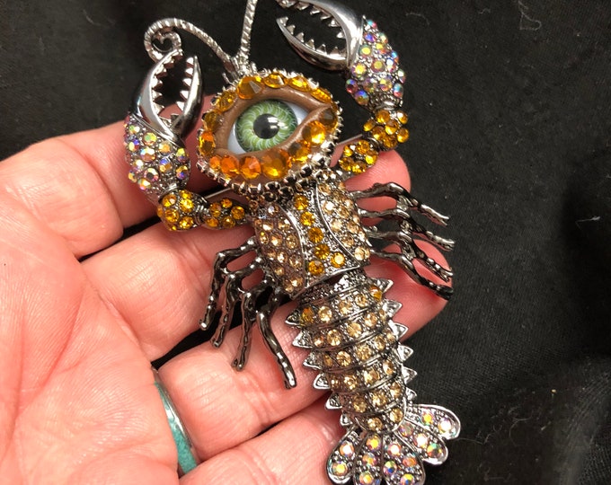 Quirky Whimsical Bejeweled Cray Fish or Lobster Eyeball Art Brooch With