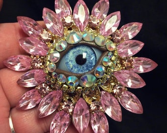 Pastel Pink Vintage Sunburst Style Eyeball Art Brooch with a Handmade Blue Glass Iris and Hand Placed Rhinestones!