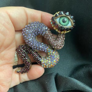 Giant Bejeweled Purples Snake Eyeball Art Brooch with a Natural Green Eye and Hand Placed Rhinestones! Dramatic Statement Eye Jewelry Pin!