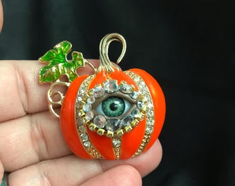 Fall Pumpkin Eyeball Art Brooch with a Natural Green Eye and Hand Placed Rhinestones! Eye Jewelry Gift!