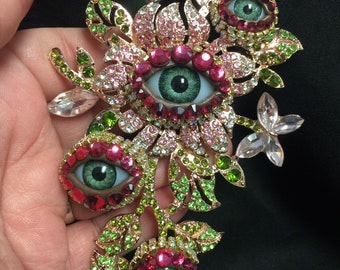Huge Dramatic Multi Eye Eyeball Art Brooch with Natural Green Eyes and Hand Placed Rhinestones!