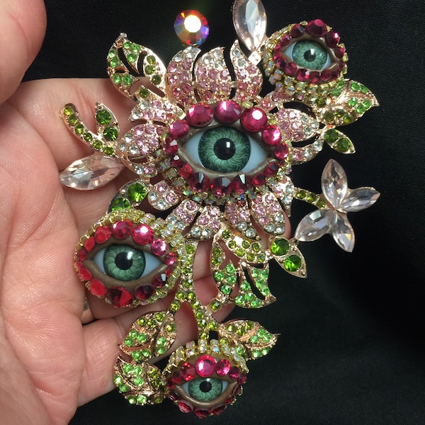 Huge Dramatic Multi Eye Eyeball Art Brooch with Natural Green Eyes and Hand Placed Rhinestones!