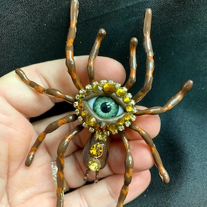 Giant Hand Painted and Bejeweled Spider Eyeball Art Brooch with a Natural Green Eye and Hand Placed Rhinestones! Surreal Eye Jewelry Pin!