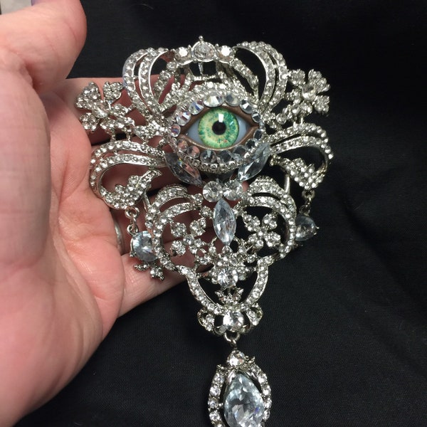 Huge Epic Crystal Eyeball Art Brooch with a Handmade Green Glass Iris and Hand Placed Rhinestones!