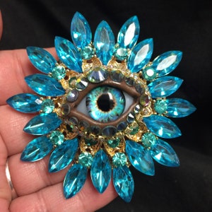 Bold Blue Vintage Sunburst Style Eyeball Art Brooch with a Handmade Matching Glass Iris and Hand Placed Rhinestones!