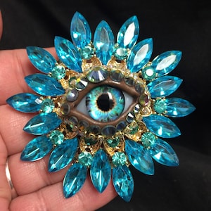 Bold Blue Vintage Sunburst Style Eyeball Art Brooch with a Handmade Matching Glass Iris and Hand Placed Rhinestones!