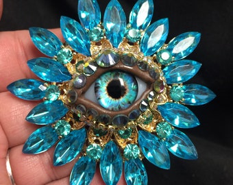 Bold Blue Vintage Sunburst Style Eyeball Art Brooch with a Handmade Matching Glass Iris and Hand Placed Rhinestones!