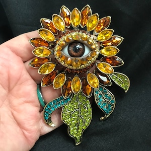 Huge Brilliant Vintage Style Sunflower Eyeball Art Brooch with a Deep Brown Eye and Hand Placed Rhinestones! Eye Jewelry Pin!