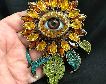 Huge Brilliant Vintage Style Sunflower Eyeball Art Brooch with a Deep Brown Eye and Hand Placed Rhinestones! Eye Jewelry Pin!