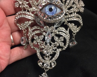 Huge Epic Crystal Vintage Ornate Style Eyeball Art Brooch and Pendant (With Loop) Handmade Blue Glass Iris and Hand Placed Rhinestones!