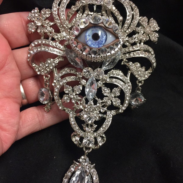 Huge Epic Crystal Vintage Ornate Style Eyeball Art Brooch and Pendant (With Loop) Handmade Blue Glass Iris and Hand Placed Rhinestones!