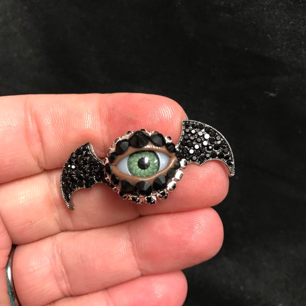 Little Baby Bat!  Black Stones Eyeball Art Brooch with a Natural Green Eye and Hand Placed Rhinestones!!