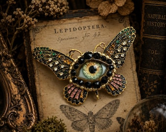 Surreal Evil Eye Butterfly Brooch | Green Glass Eye Pin