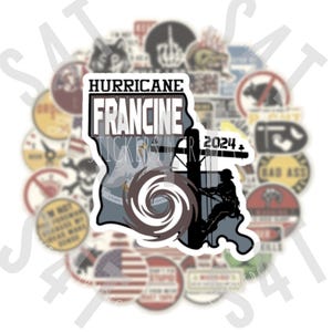 May include: A white sticker with a blue and gray outline of the state of Louisiana. The sticker features a black silhouette of a lineman working on a power line with a hurricane swirling around him. The text "Hurricane Francine 2024" is printed on the sticker.