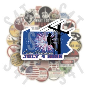 May include: A die-cut sticker featuring a blue silhouette of Pennsylvania with a black silhouette of a utility worker on a pole, a red, white, and blue firework burst, and the text Central Pennsylvania JULY 4 2026, layered over other stickers.