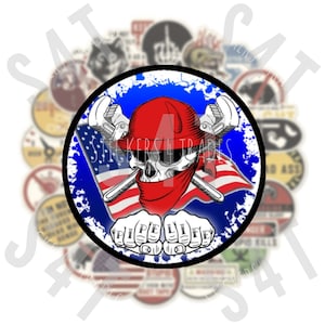 May include: A round sticker with a blue, white, and red American flag background. A skull with a red bandana is in the center of the sticker. Two crossed pipe wrenches are behind the skull. The text "Stickers 4 Trades" is above the skull and the text "Pipe Life" is below the skull.