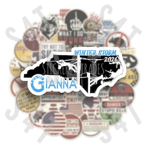 May include: A collection of stickers with various designs and text. The central sticker features a black silhouette of a state with the words "Winter Storm 2026" and "Stickers Trades Gianna" in blue and white.