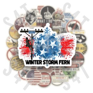 May include: A collection of stickers with various designs. One sticker features a blue and white snowflake design with the Tennessee state flag and the words "WINTER STORM FERN". Other stickers have various graphics and text.