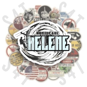 May include: A black and white sticker with a swirling design. The text "Hurricane Helene 2024" is written in white letters on a blue background.