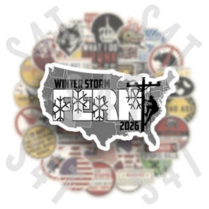 May include: A sticker sheet featuring a gray outline of the United States with the words "WINTER STORM FERN 2026" and snowflake graphics. A silhouette of a lineman climbing a utility pole is also included. The background is filled with various other stickers.