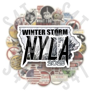 May include: A black and white sticker with the text "Winter Storm NYLA 2025" in a stylized font. The sticker is shaped like the state of Iowa and features a snowy forest scene with a power line.