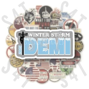 May include: A gray and blue sticker with the text "Winter Storm 2025 Demi" and a silhouette of a lineman on a power pole. The text "Stick Insiders Trades" is also visible on the sticker.
