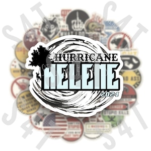 May include: A black and white sticker with a swirling design and the text "Hurricane Helene 2024".