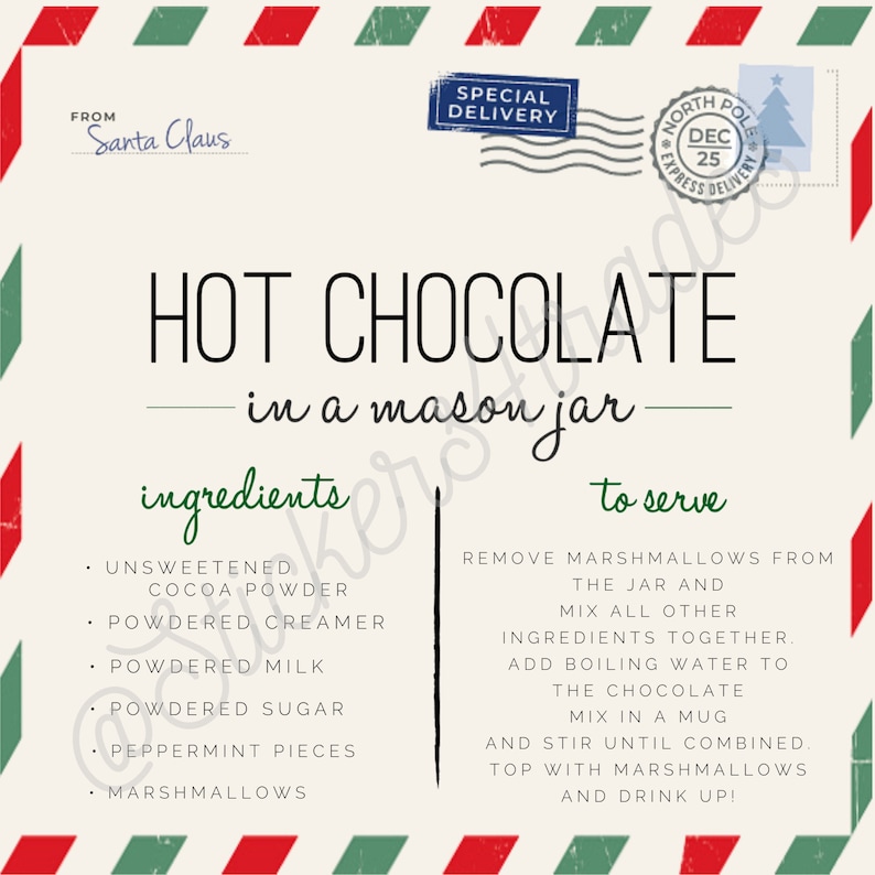 Hot Chocolate Mason Jar Holiday Christmas Gift Tag for Neighbor Teacher ...