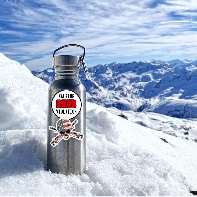 May include: A stainless steel water bottle with a white sticker that says "Walking Violation" and a red, white, and blue skull and crossbones sticker. The bottle is sitting on a snowy mountain.