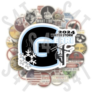 May include: A black and white sticker with a blue outline. The sticker features a snowflake, a lineman climbing a utility pole, and the text "2024 Winter Storm Gerri".