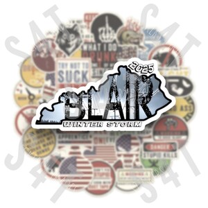 May include: A white sticker with a blue outline of the state of Kentucky. The sticker has the text "Blair Winter Storm 2025" in black lettering. The sticker is surrounded by other stickers with various designs.