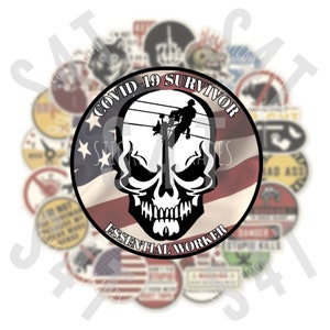 May include: A collection of stickers with a central design featuring a skull with a lineman on a power pole, set against an American flag. The text reads "COVID-19 SURVIVOR" and "ESSENTIAL WORKER". Other stickers have various graphics.