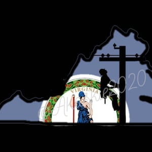 May include: A graphic featuring the outline of Virginia in blue, with the state seal inside. A silhouette of a person on a utility pole is in the foreground. The text "2020" and a signature are visible.