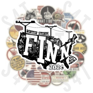 May include: A black and white sticker with a stylized outline of the United States. The text "Winter Storm" and "FINN 2024" are printed on the sticker. The sticker is covered in a white snowflake pattern.