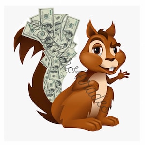 May include: A cartoon squirrel with a mischievous grin, holding a large stack of US dollar bills in its tail.