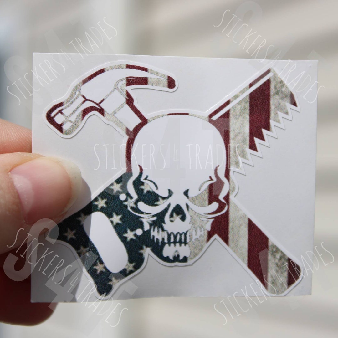 Carpenter Skull Hard Hat Vinyl Waterproof Sticker Blue Collar American