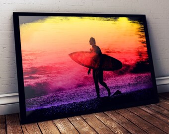 Framed Surfer Art Print: Sunset Beach Decor