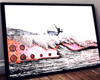 May include: A black and white illustration of a surfer riding a wave with a pink and orange background. The wave has a polka dot pattern.