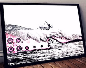 May include: Black and white illustration of a surfer riding a wave with pink and white circles in the background.