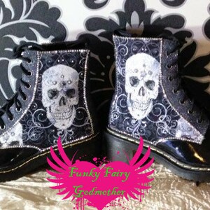 dm style boots with black and white skull fabric and custom colour glitter detail image 2