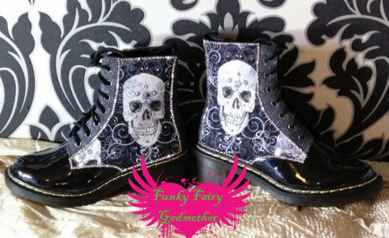 dm style boots with black and white skull fabric and custom colour glitter detail image 2