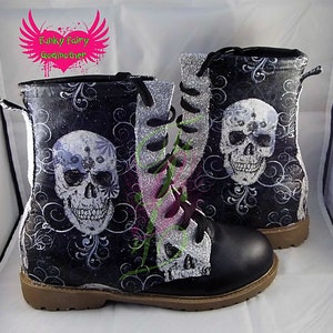 dm style boots with black and white skull fabric and custom colour glitter detail image 3