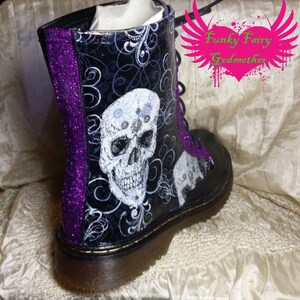 dm style boots with black and white skull fabric and custom colour glitter detail image 4