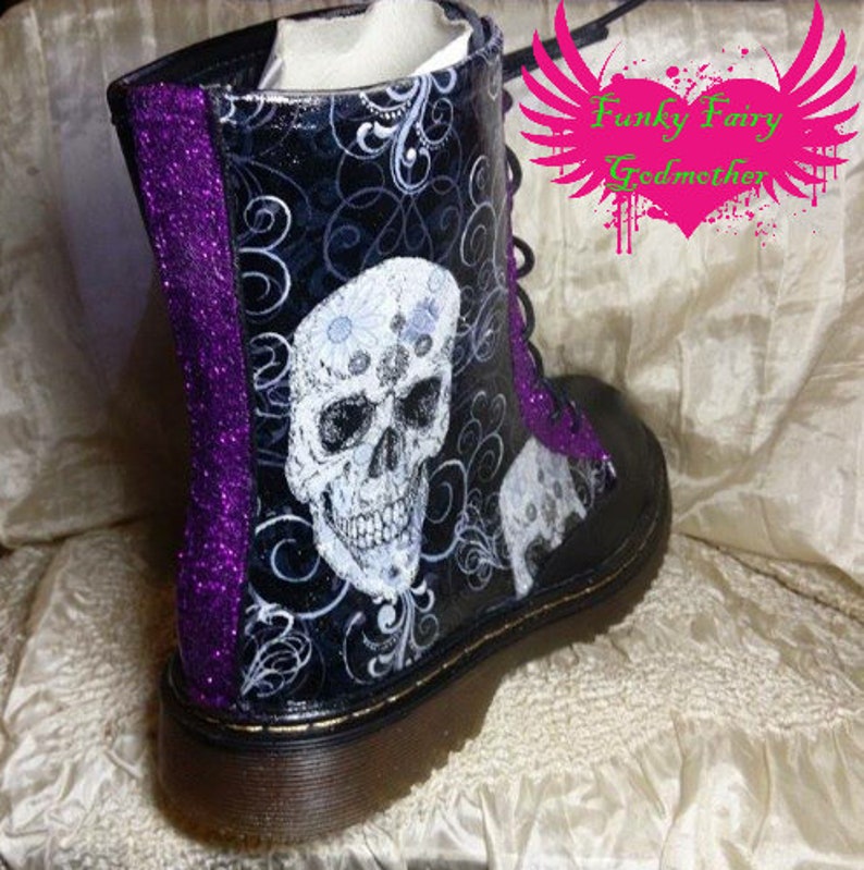 dm style boots with black and white skull fabric and custom colour glitter detail image 4