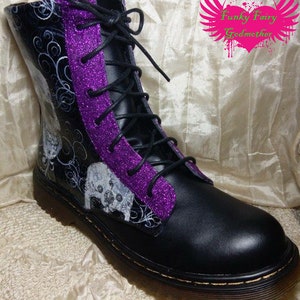dm style boots with black and white skull fabric and custom colour glitter detail image 5